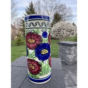 VTG Spanish Majolica Umbrella Stand Hand Painted Ceramic Cane Holder 18.5”